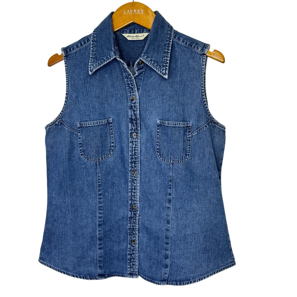 Vintage Eddie Bauer‎ Button Denim Vest Womens Large Blue